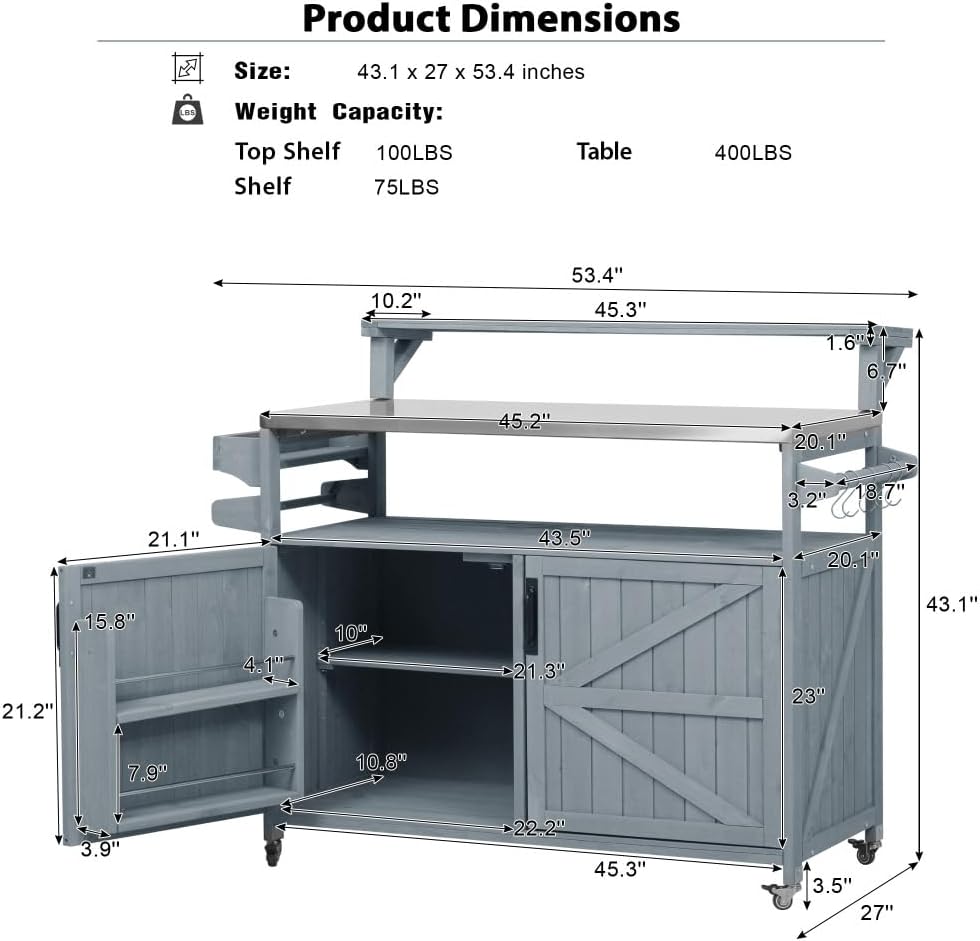 53.3' Outdoor Kitchen Island with Raised Shelf, Solid Wood Storage Cabinet with Stainless Steel Top, Outdoor Rolling Grill Cart with Internal Storage Rack, Adjustable Shelf, Spice Rack (Grey)