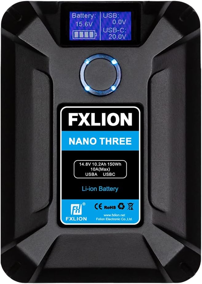 FXLION Nano Three V Mount Battery 10.2 Ah(150Wh/14.8V) with D-TAP,USB-C,USB-A,Micro-USB Ports,Portable Rechargeable V Lock Battery for Cameras/Camcorders/MacBook/LED Lights/Monitors/Smartphone