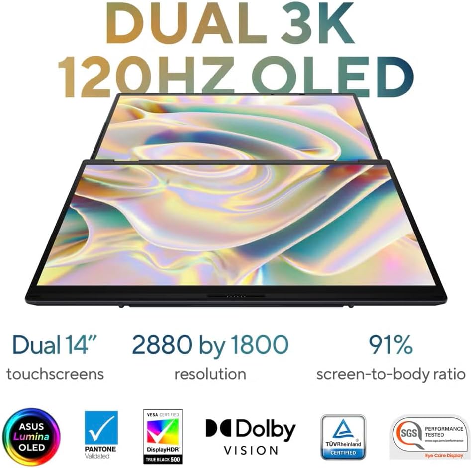 ASUS Zenbook Duo AI Powered 2-in-1 Laptop 14.0' Touchscreen OLED 2.8K Display (Intel Ultra 9-285H, 32GB LPDDR5X, 4TB PCIe SSD, Active Pen, Backlit KB, 2 Thunderbolt 4, WiFi 7, Win 11 Pro) w/USB-C Dock