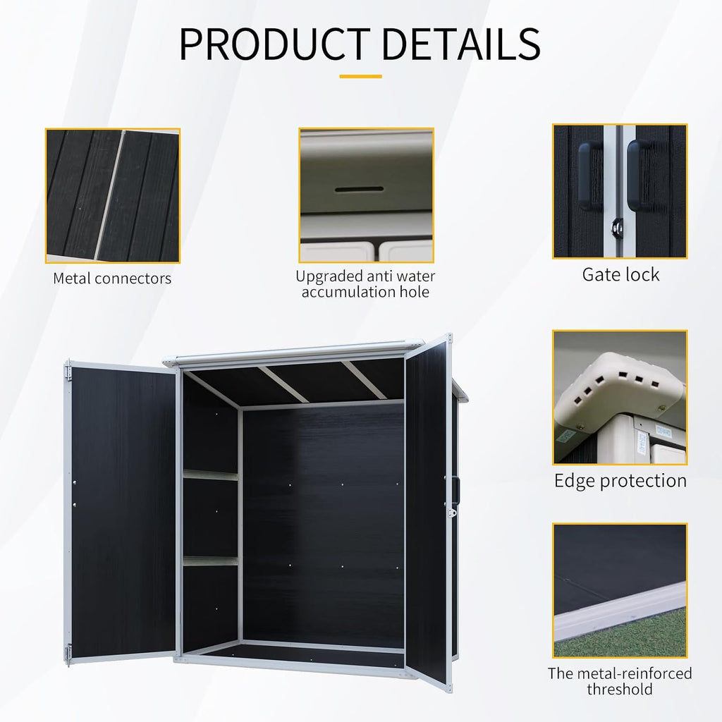 JT 5x3 FT Outdoor Storage Shed, Resin Garden Shed with Floor and Lockable Door, Waterproof Plastic Sheds for Backyard, Patio, Lawn Tools (Black)