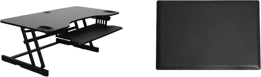 Rocelco 45' Height Adjustable Standing Desk Converter with Anti Fatigue Floor Mat and Slide Out Retractable Keyboard Tray - Sit Stand Up Triple Screen Tabletop Riser - Black (R ADRB-45-MAFM)