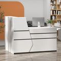 ECACAD 55.1' W L-Shaped Reception Desk with Lockable Drawer, Open Shelves & Keyboard Tray, Office Desk Reception Counter Table with File Cabinet and Black Stickers, White