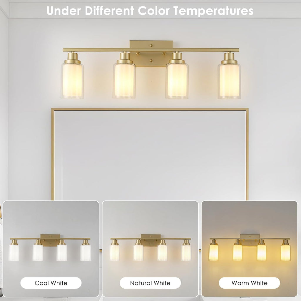 Jonsi Bathroom Vanity Light 4-Light Gold Vanity Lights 31' Bathroom Light Fixtures Over Mirror with Double Clear Glass Modern Wall Sconces for Living Room Hallway Bedroom