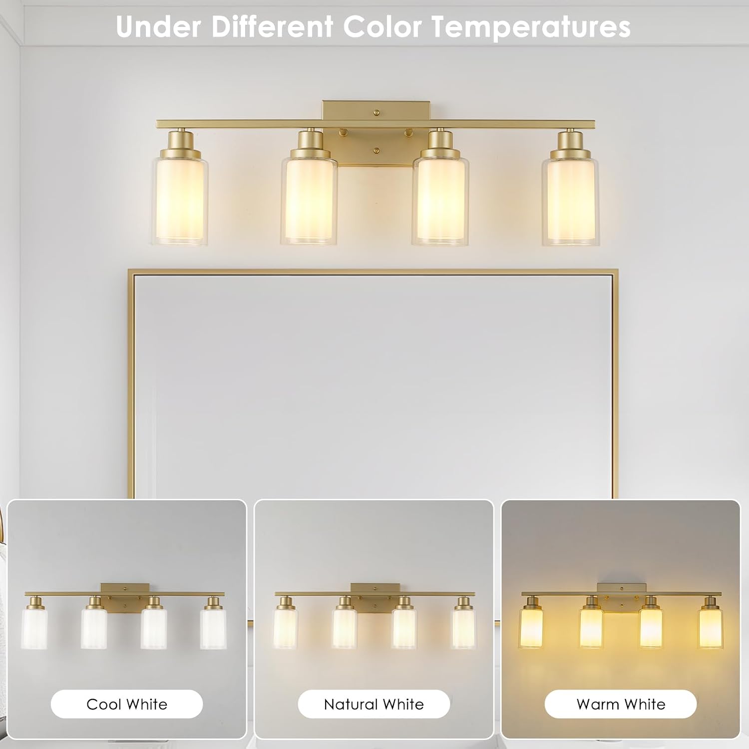 Jonsi Bathroom Vanity Light 4-Light Gold Vanity Lights 31' Bathroom Light Fixtures Over Mirror with Double Clear Glass Modern Wall Sconces for Living Room Hallway Bedroom