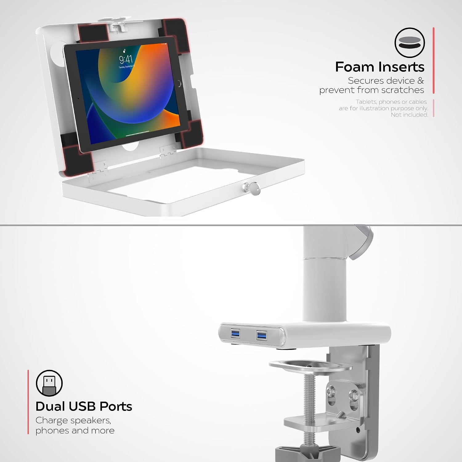 CTA Digital White Arm Mount for Tablets to Clamp to Desks with Lockable Protection for iPad 11 (A16) - Pro 11-inch M4 - Air 11-inch M3- iPad 10th Gen - Galaxy Tab & More Tablets - (PAD-SSMA)