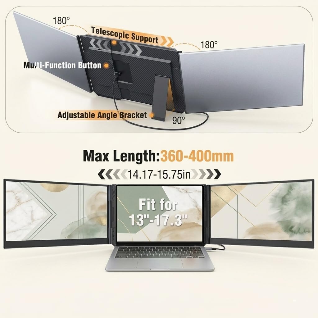 APILDELLA 15.6' Triple Laptop Screen Extender One Cable, 1080P FHD Portable Dual Monitor, Ultra-Slim Travel Monitor Extender for Triple Display on Mac/Windows, Fits 13'-17.3' Laptops（Driver Required）
