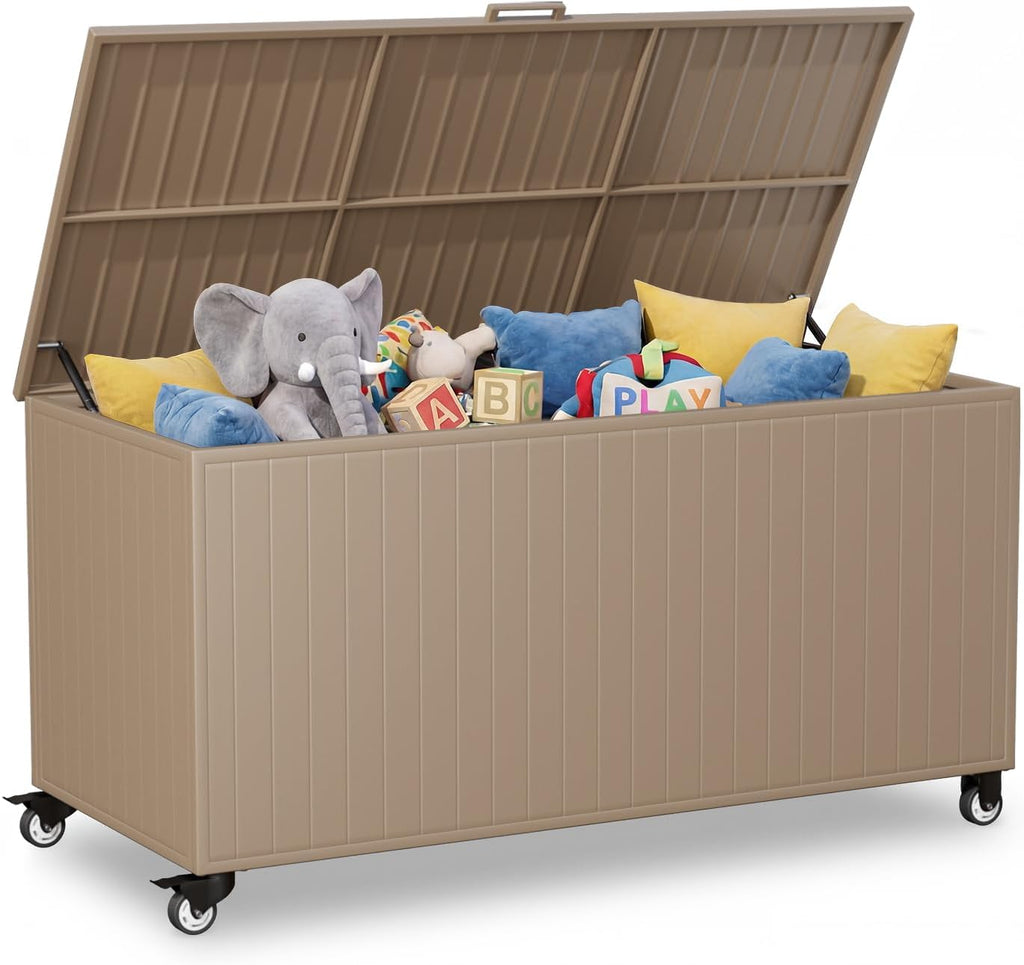 Outdoor Storage Box with Wheels 250 Gallon, Metal Deck Boxes Waterproof, UV Resistant Patio Storage Box with Lid for Patio Furniture, Garden Tools,Outdoor Cushion (Brown)