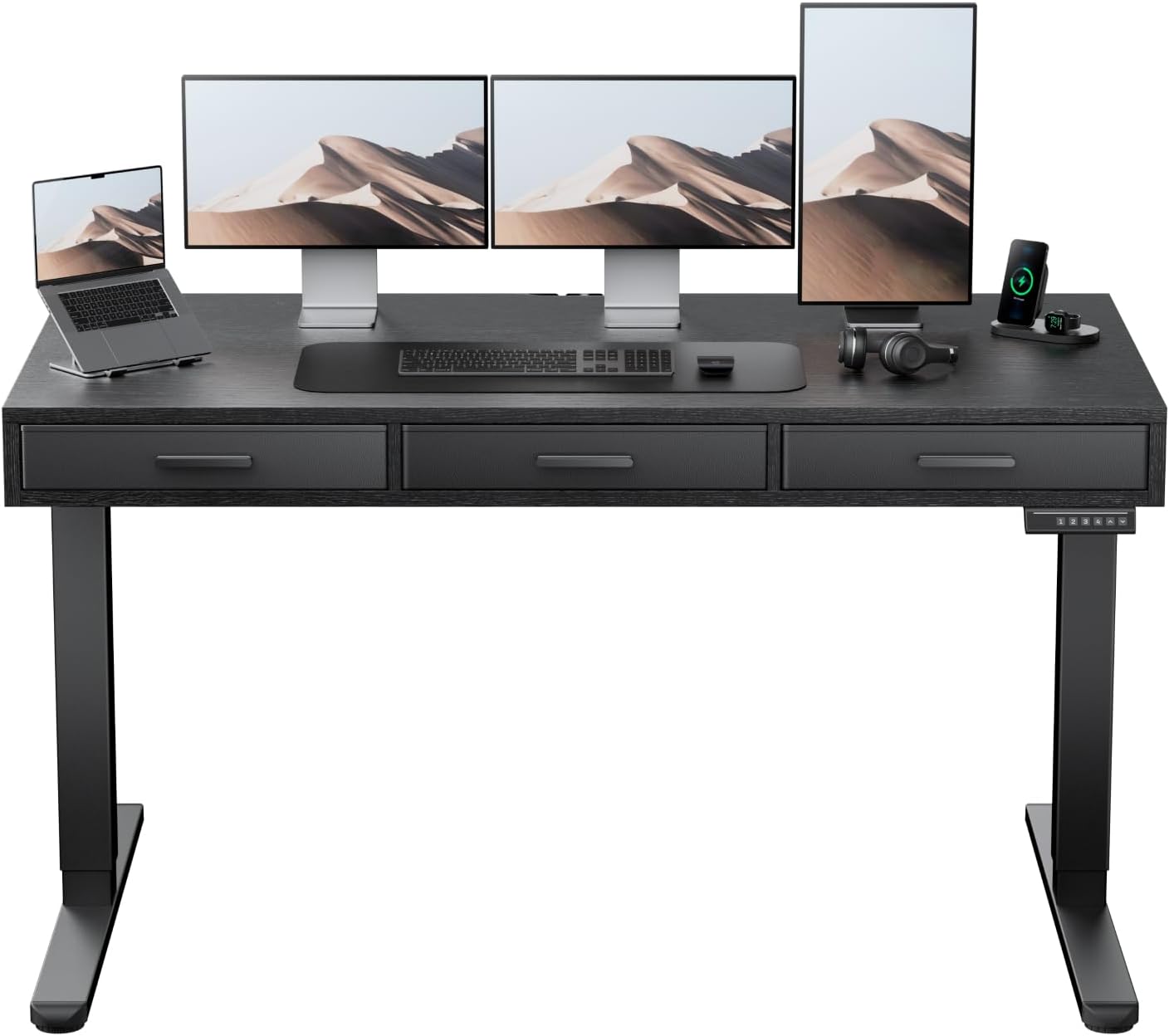 HUANUO Electric Standing Desk with Drawers, C-Clamp Mount Compatible, 55 x 28 Inch Height Adjustable Sit Stand Desk, Fabric Drawers, Home Office Stand Up Desk with 4 Custom Height Settings, Black