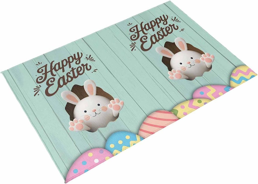 Green Easter Outdoor Rug for Patio/Deck/Porch, Non-Slip Large Area Rug 4 x 6 Ft, Spring Cartoon Bunny Colorful Eggs Wood Grain Indoor Outdoor Rugs Washable Area Rugs, Camping Rug Carpet Runner