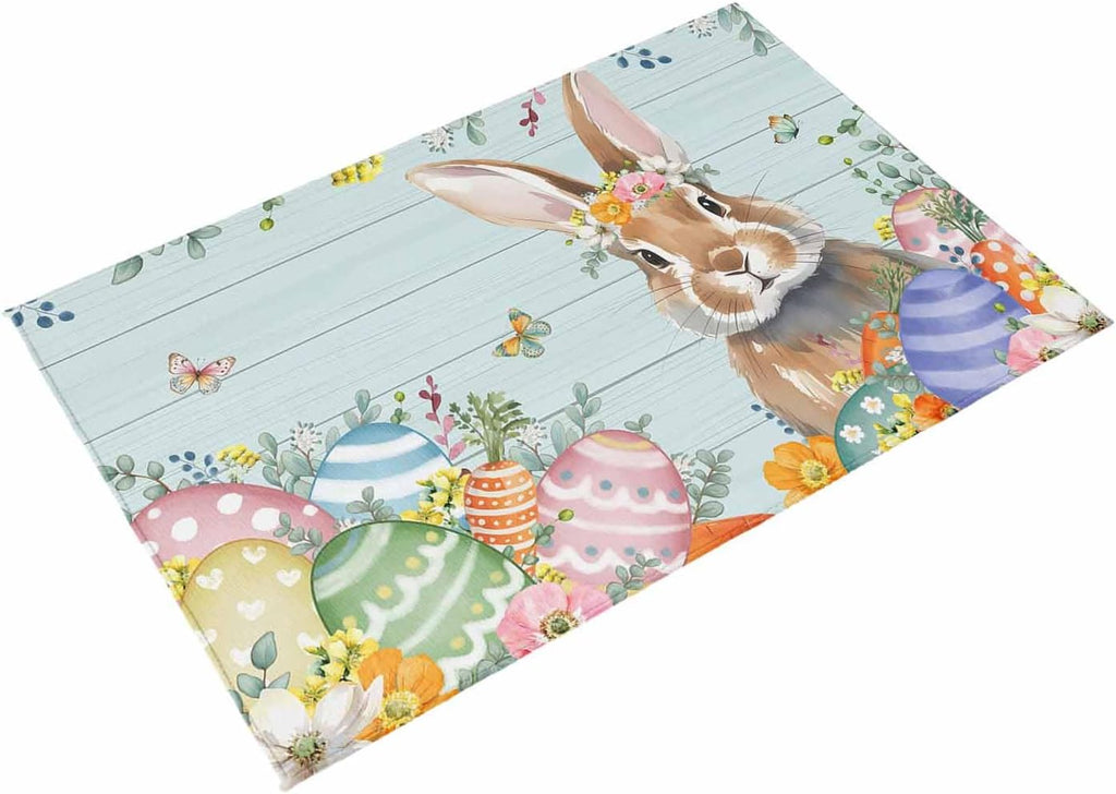 Easter Bunny Outdoor Rug for Patio/Deck/Porch, Non-Slip Large Area Rug 4 x 6 Ft, Colorful Easter Eggs Eucalyptus Teal Wooden Indoor Outdoor Rugs Washable Area Rugs, Camping Rug Carpet Runner