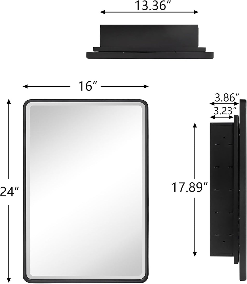 TEHOME Farmhouse Brushed Nickel Metal Framed Recessed Bathroom Medicine Cabinet with Mirror Rounded Rectangle Medicine Cabinet with Beveled Mirror 16x24''