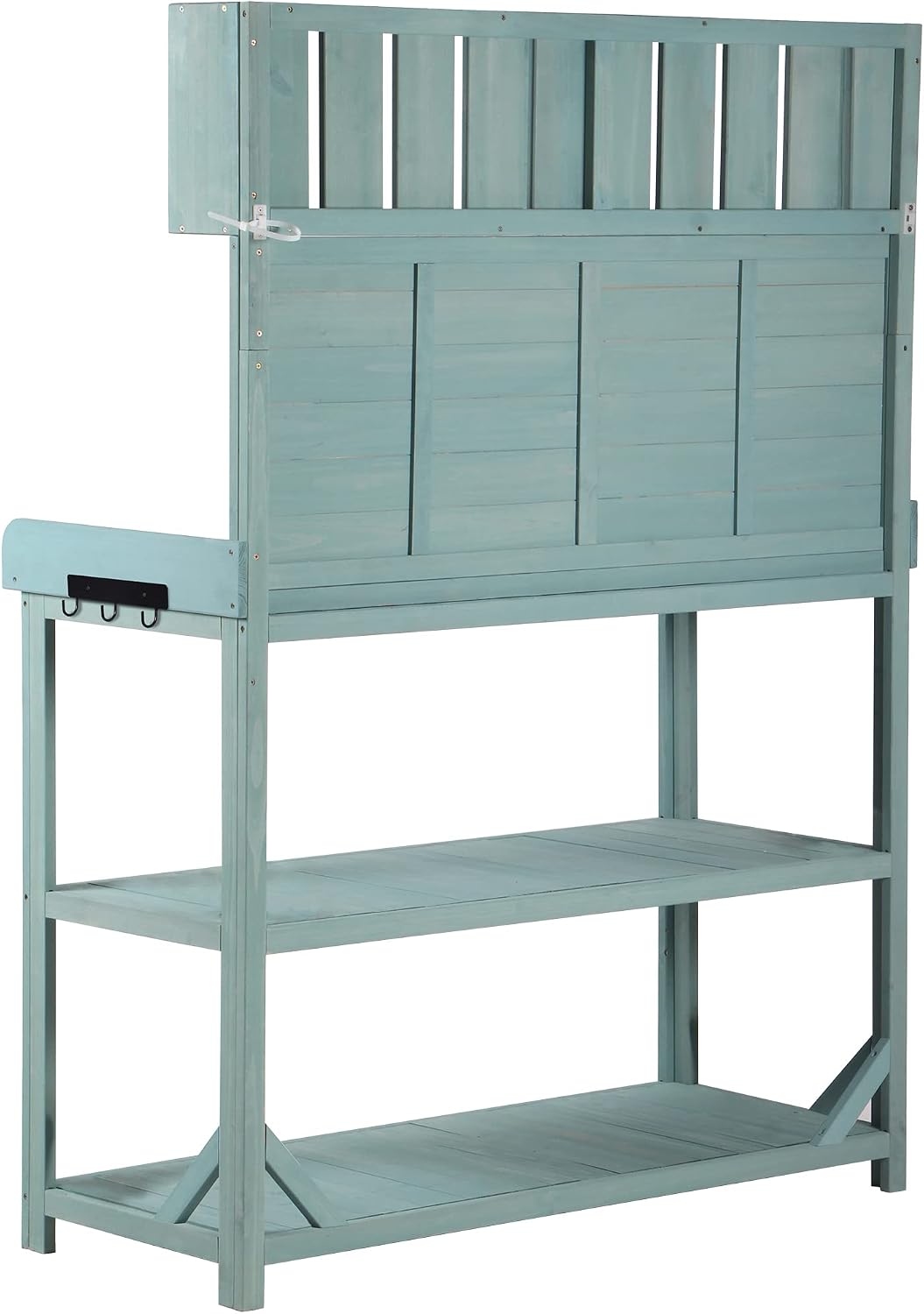 JIVOIT Farmhouse Rustic Outdoor Potting Bench Table, 65' Large Wooden Garden Potting Bench with 4 Storage Shelves and Side Hook, Spacious Patio Workstation