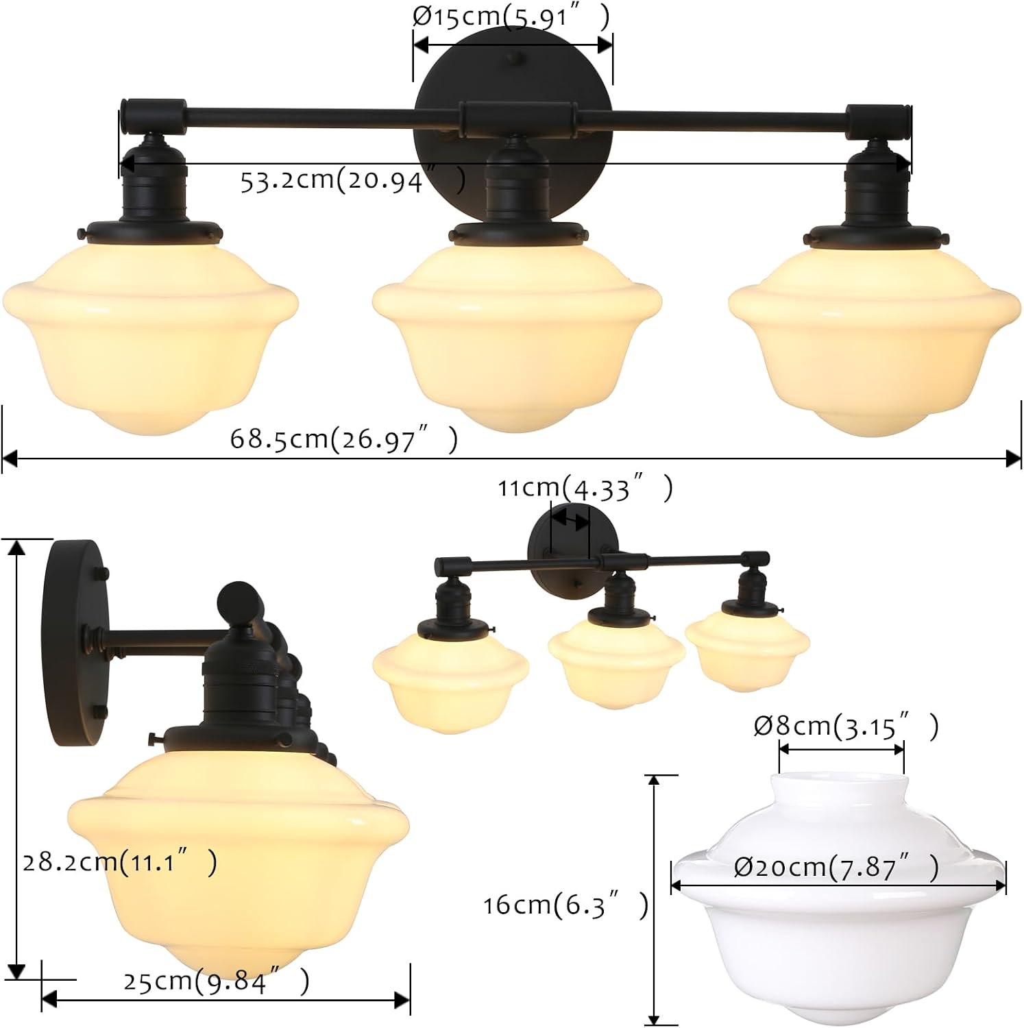 Pathson Milk White Glass Bathroom Wall Sconce Lights, 3-Light Hardwired Wall Vanity Lamps for Living Room Vintage Home Decor, E26 Base
