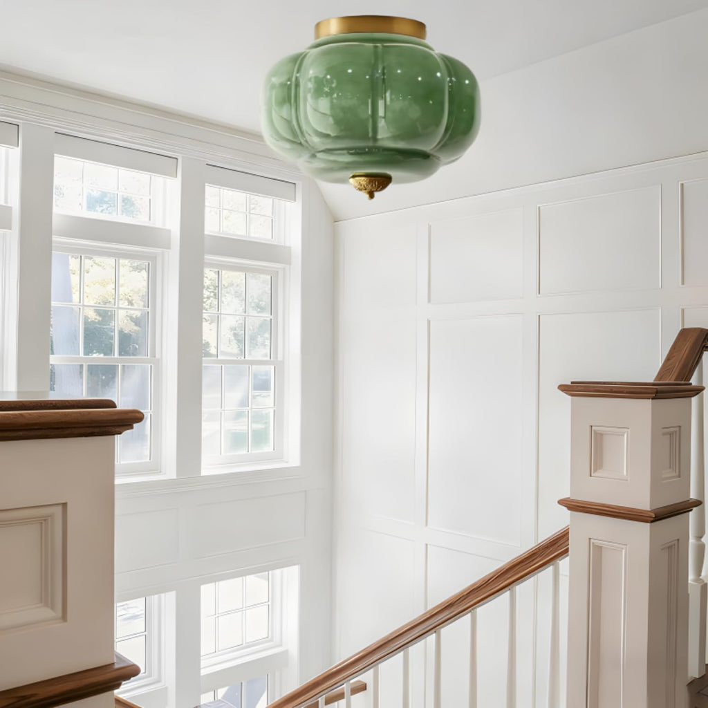 Bofea-Mid Century Semi Flush Mount Ceiling Light Fixture,Green Glass Hallway Light,Vintage Gold Ceiling Light,Antique Brass Lighting Fixture,Close to Ceiling Lamp for Kitchen Entryway Bathroom