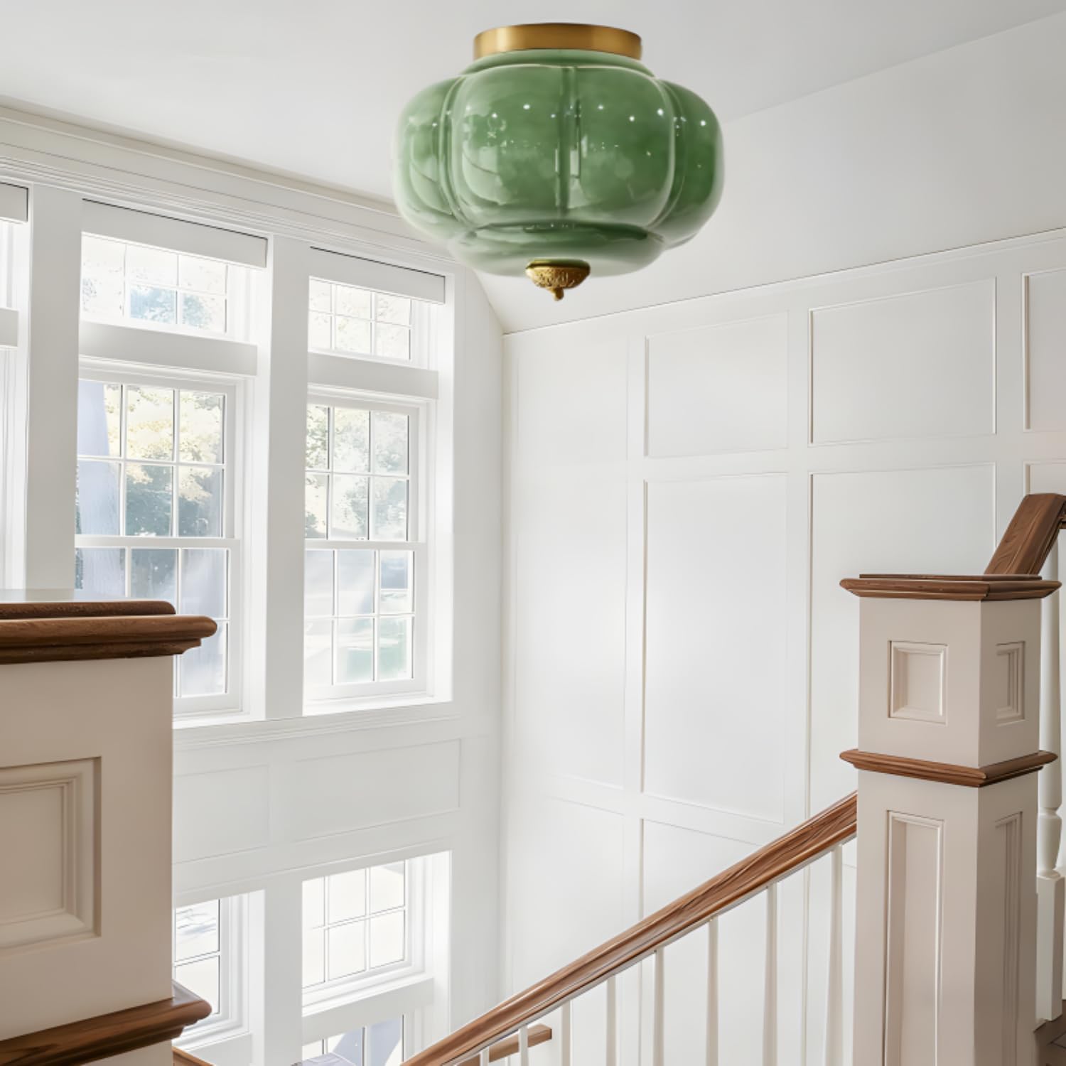 Bofea-Mid Century Semi Flush Mount Ceiling Light Fixture,Green Glass Hallway Light,Vintage Gold Ceiling Light,Antique Brass Lighting Fixture,Close to Ceiling Lamp for Kitchen Entryway Bathroom