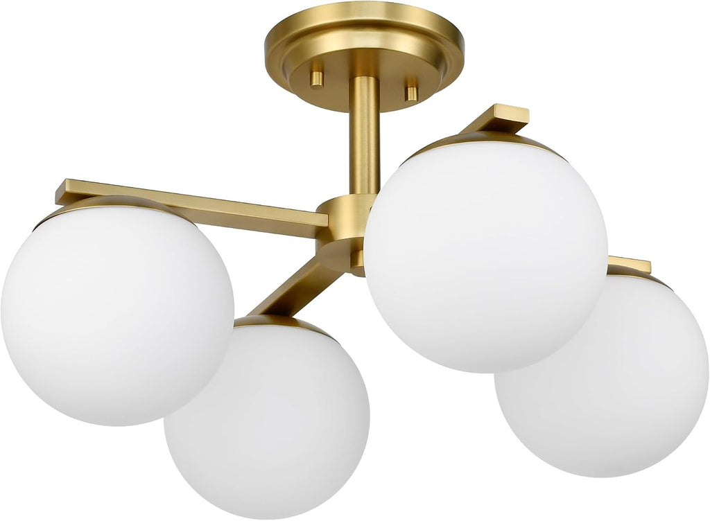 Aged Brass Semi Flush Mount Ceiling Light, 4-Ligh Modern Kitchen Lighting Fixtures with Globe Glass Shade, Hallway Light Fixtures Ceiling Mount for Dining Room, Living Room, Bedroom, Foyer