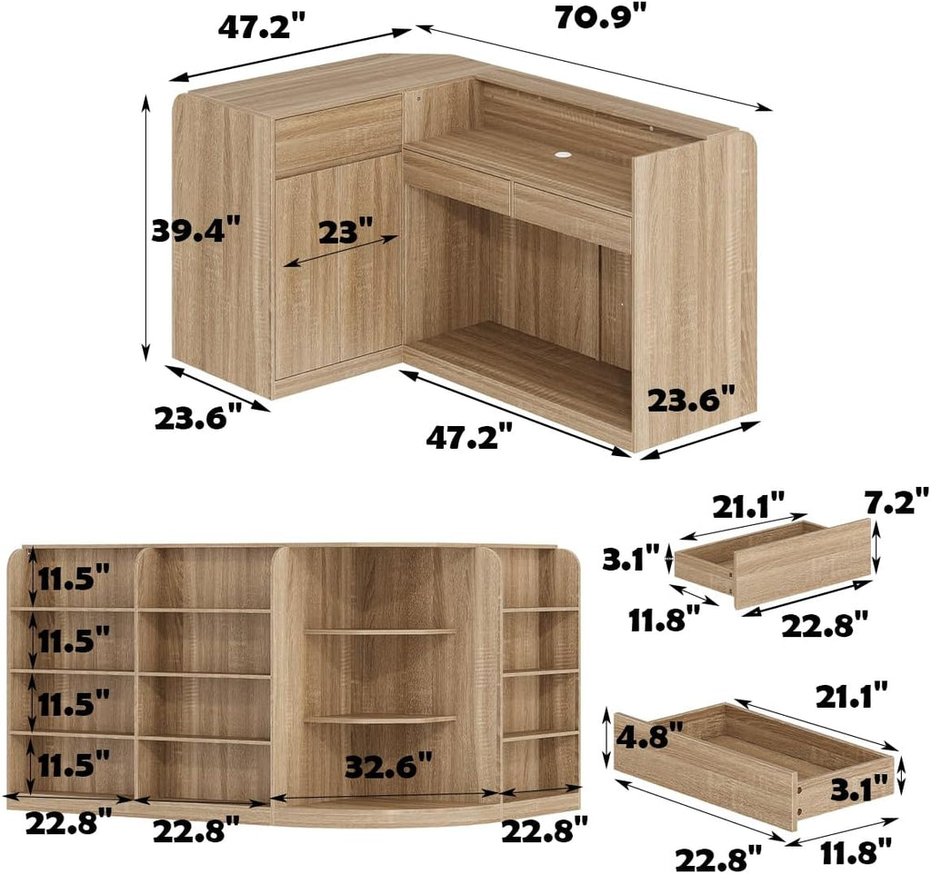 ECACAD 70.9' Large L-Shaped Reception Desk with 3 Drawers, 15 Open Shelves, Counter Top & Monitor Stand, Office Desk Reception Counter Table with File Cabinet, Brown