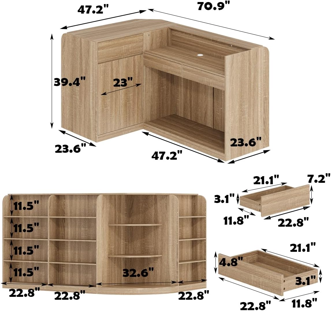 ECACAD 70.9' Large L-Shaped Reception Desk with 3 Drawers, 15 Open Shelves, Counter Top & Monitor Stand, Office Desk Reception Counter Table with File Cabinet, Brown