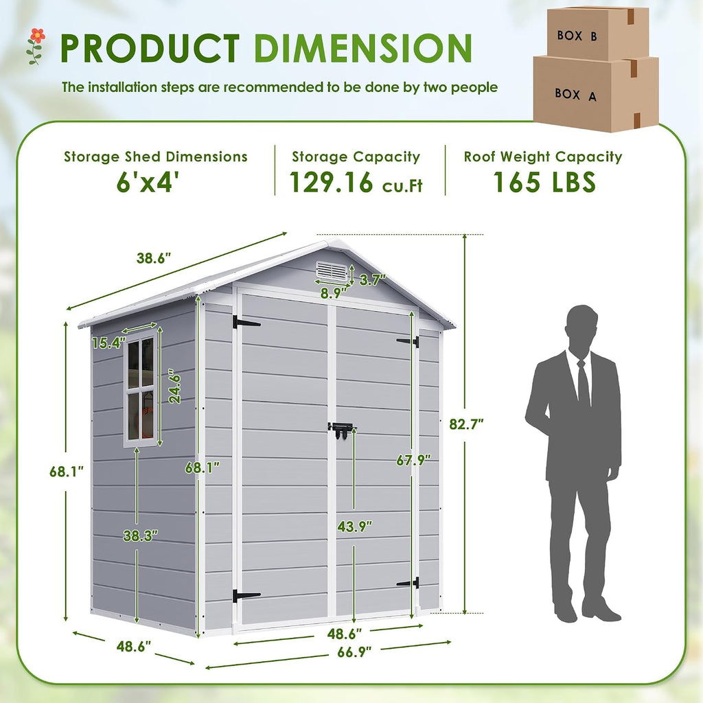 JUMMICO Plastic Outdoor Storage Shed, 6 x 4 FT Resin Shed with Floor and Lockable Door, Outside Waterproof Garden Tool Sheds for Patio Backyard Lawn, Gray