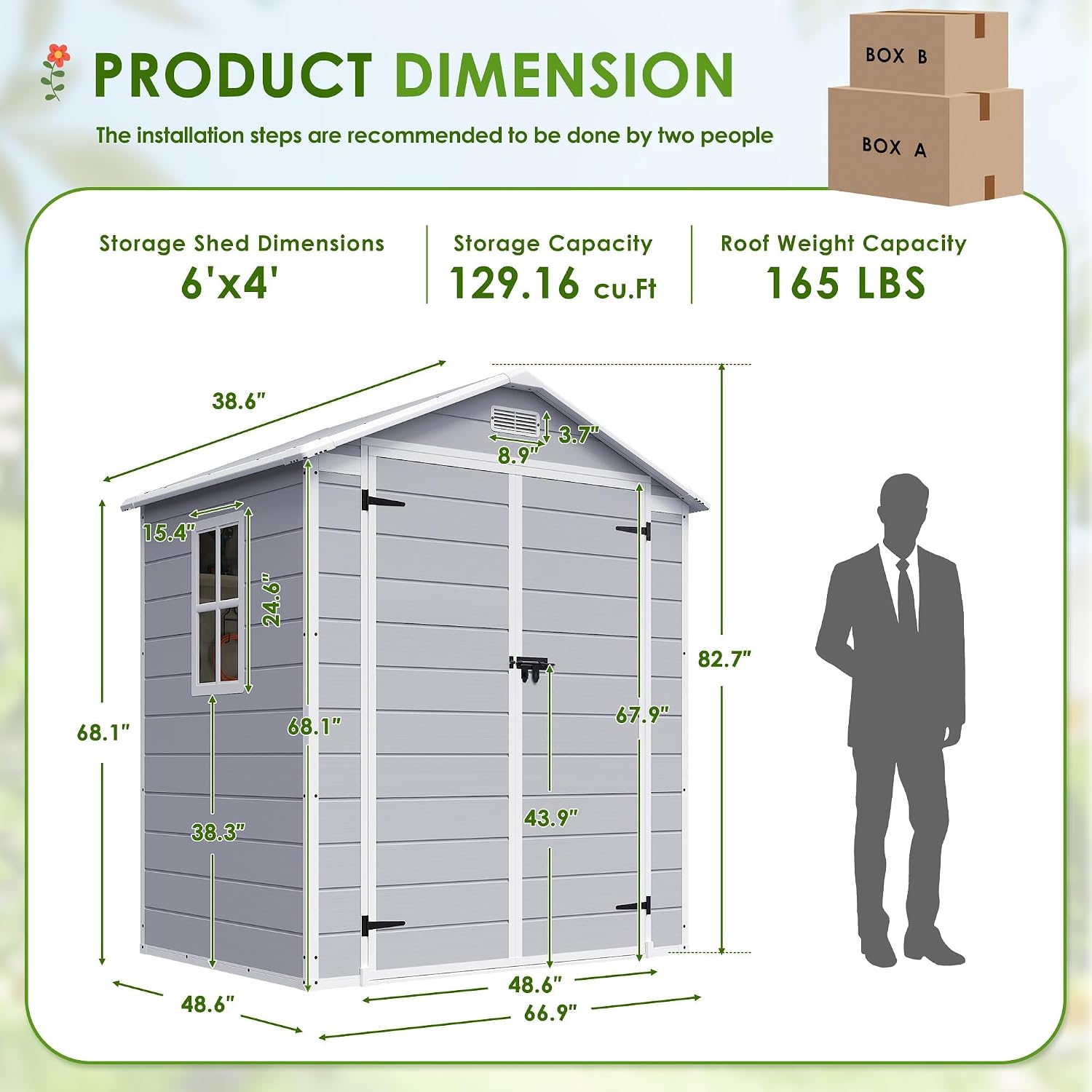 JUMMICO Plastic Outdoor Storage Shed, 6 x 4 FT Resin Shed with Floor and Lockable Door, Outside Waterproof Garden Tool Sheds for Patio Backyard Lawn, Gray