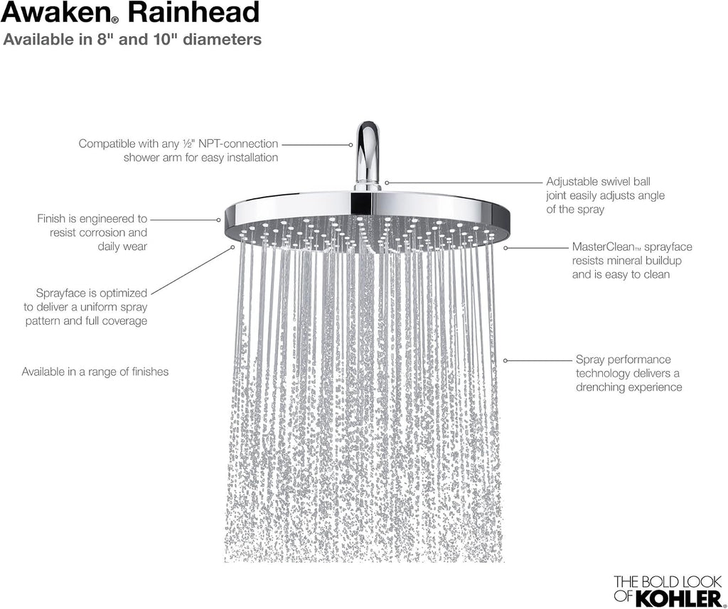 KOHLER 76464-Y-2BZ Awaken 8 Inch Single-Function Rain SHOWERHEAD, 8' Fixed Round Rainfall SHOWERHEAD, 2.5 GPM, Oil-Rubbed Bronze