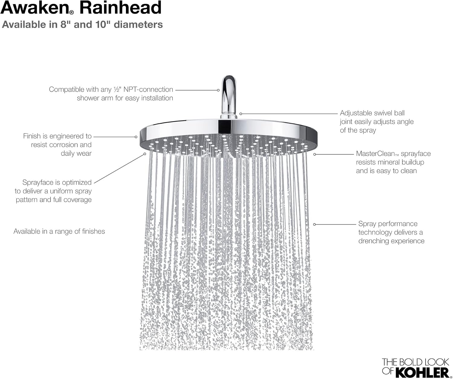 KOHLER 76464-Y-2BZ Awaken 8 Inch Single-Function Rain SHOWERHEAD, 8' Fixed Round Rainfall SHOWERHEAD, 2.5 GPM, Oil-Rubbed Bronze