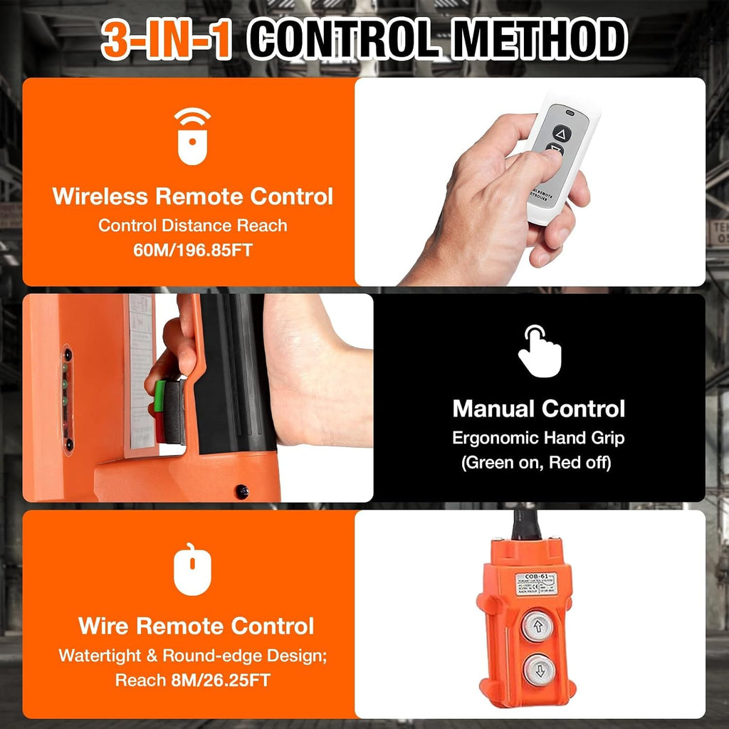 3 in 1 Electric Hoist Winch,2200 lbs Manual/Wired/Wireless Remote Control,110/120V Portable Pure Copp Electric Winch Crane, 25ft Lifting Garage Lifter for Garage, Factory, Warehouse, Balcony