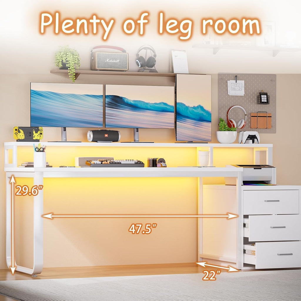 HOMBCK 67' Computer Desk with 3 Drawers, Home Office Desk with Long Monitor Stand and Printer Space, Office Desk with Storage & LED Lights, Writing Desk with Drawers, White