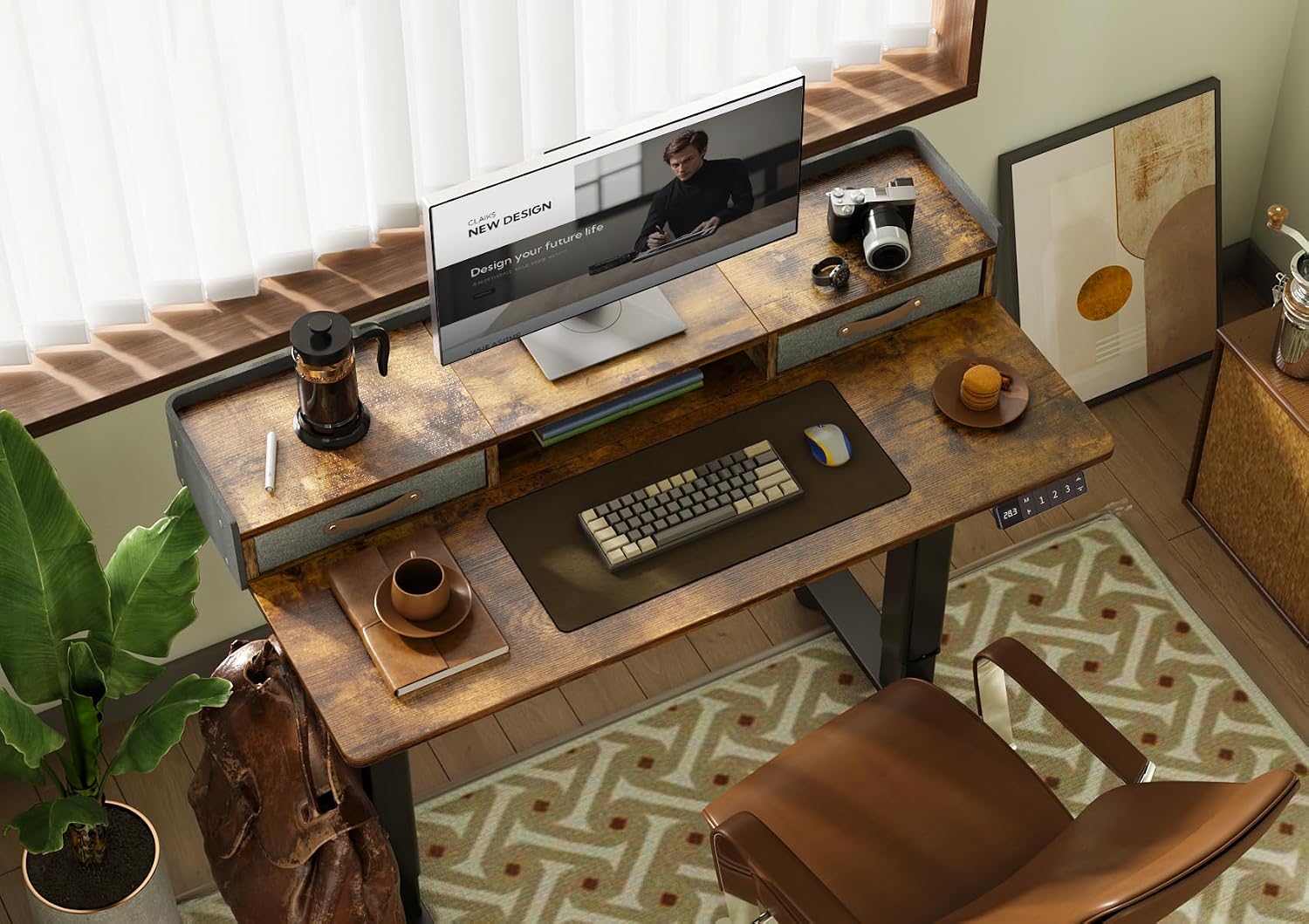Claiks Standing Desk with Drawers, Stand Up Electric Standing Desk Adjustable Height with Storage Shelf and Splice Board, 48 Inch, Rustic Brown
