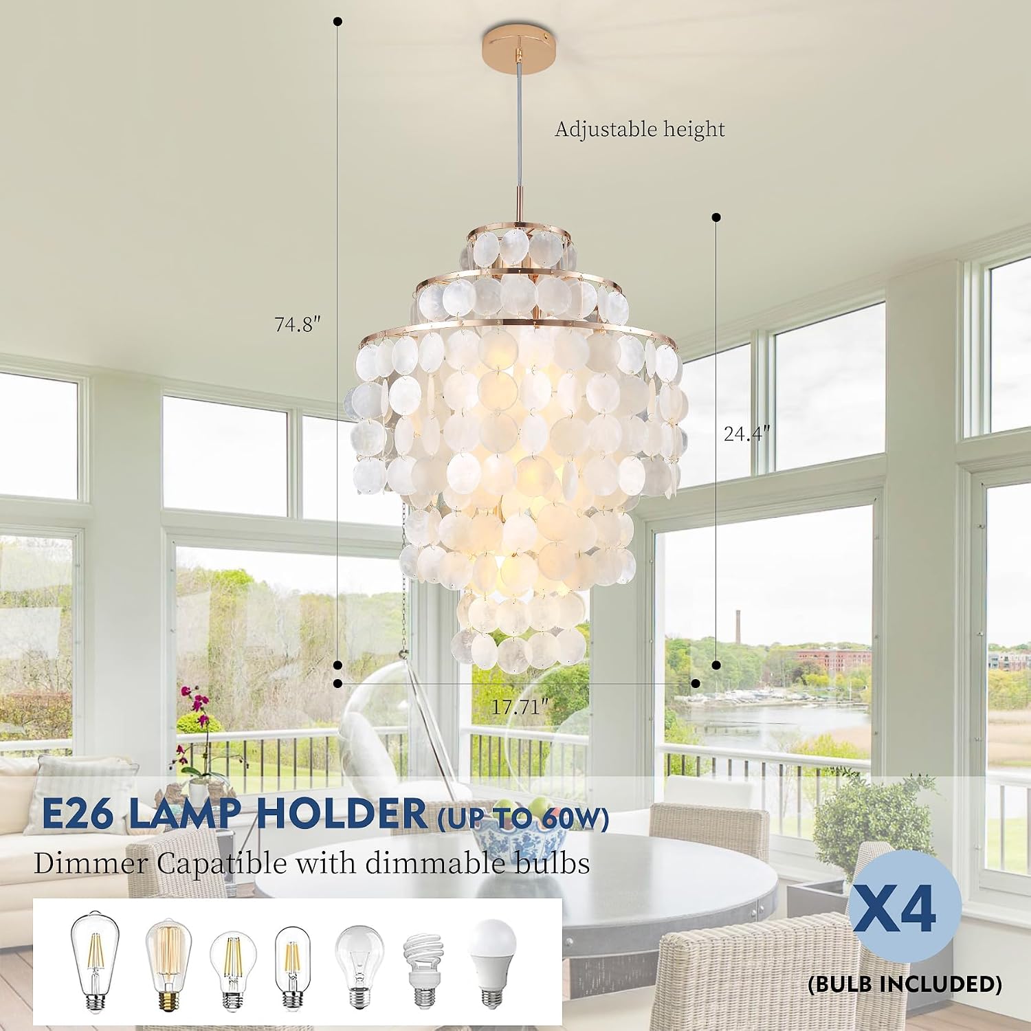 Capiz Shell Chandelier,18' Gold Coastal Chandelier Light Fixture with 4 Lights Capiz Seashell Pendant for Living Room Foyer Kitchen Island Entryway Dining Room Bedroom,LED Bulb Included
