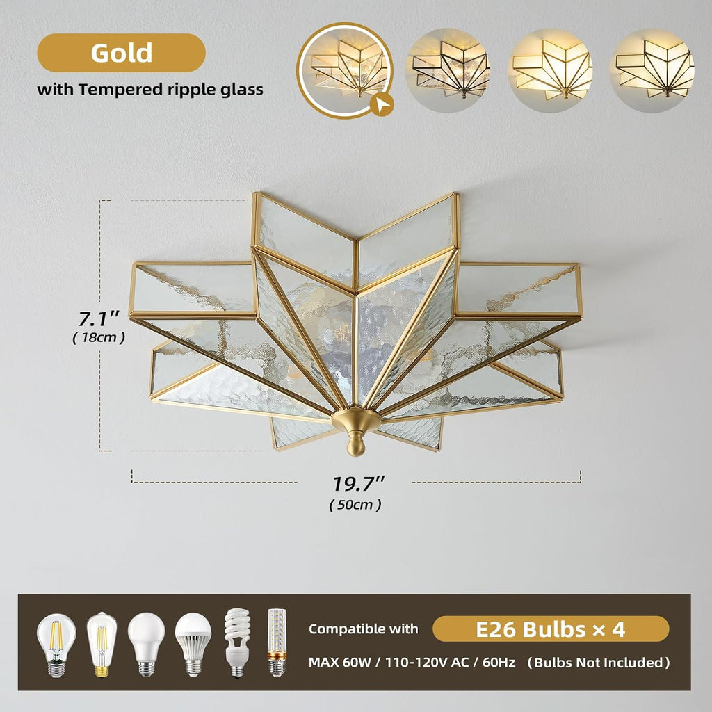 Star Brass Vintage Ceiling Light - 19.7 Inch Large Hammered Glass Antique Brushed Gold Flush Mount Fixture, Mid Century Art Deco Overhead Lighting for Kitchen Hallway Bedroom Bathroom Laundry Entryway