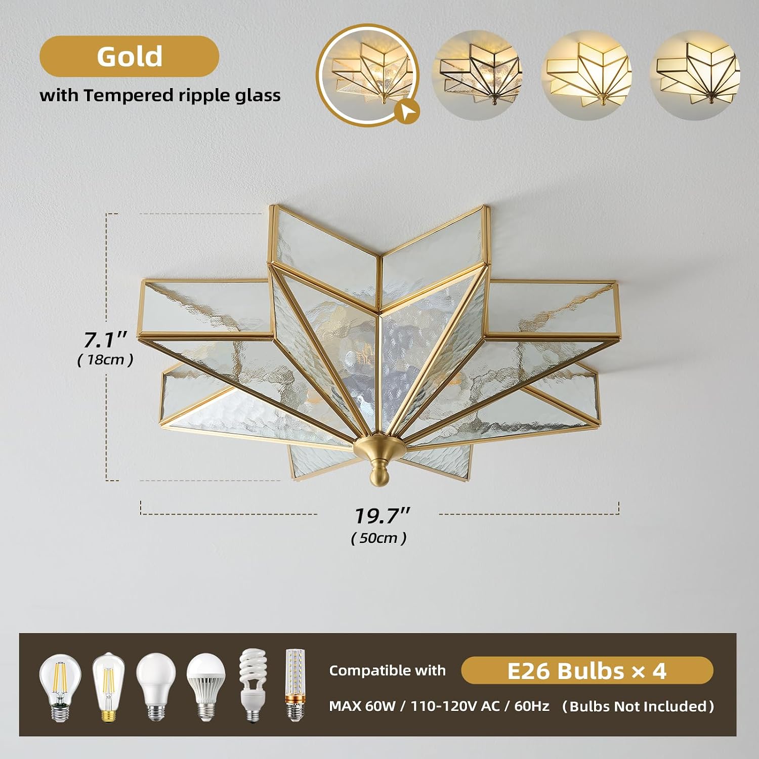 Star Brass Vintage Ceiling Light - 19.7 Inch Large Hammered Glass Antique Brushed Gold Flush Mount Fixture, Mid Century Art Deco Overhead Lighting for Kitchen Hallway Bedroom Bathroom Laundry Entryway