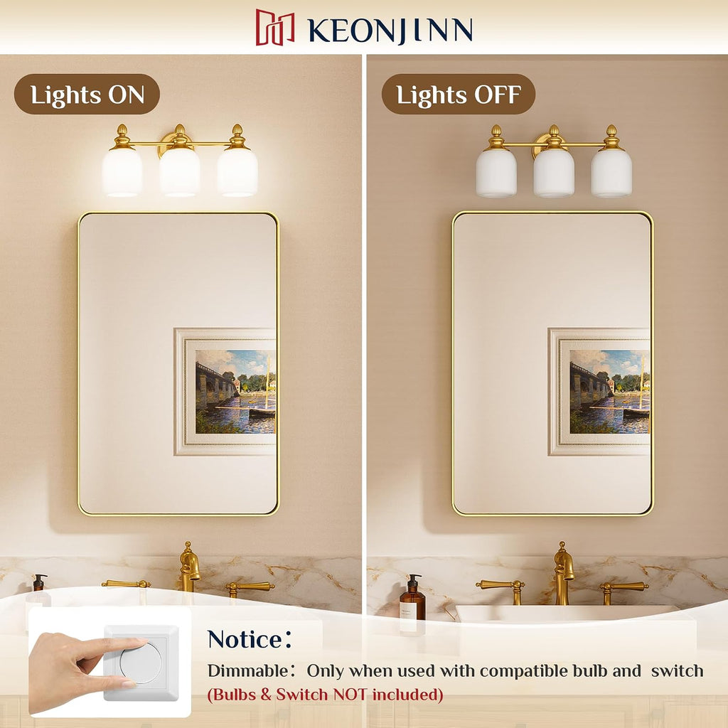 Keonjinn Gold Bathroom Light Fixtures, 4-Light Vintage Vanity Lights for Mirror with Frosted Glass Shades, UL Listed E26 Base(Bulbs Not Included), Reversible Vanity Lighting Fixtures for Bathroom