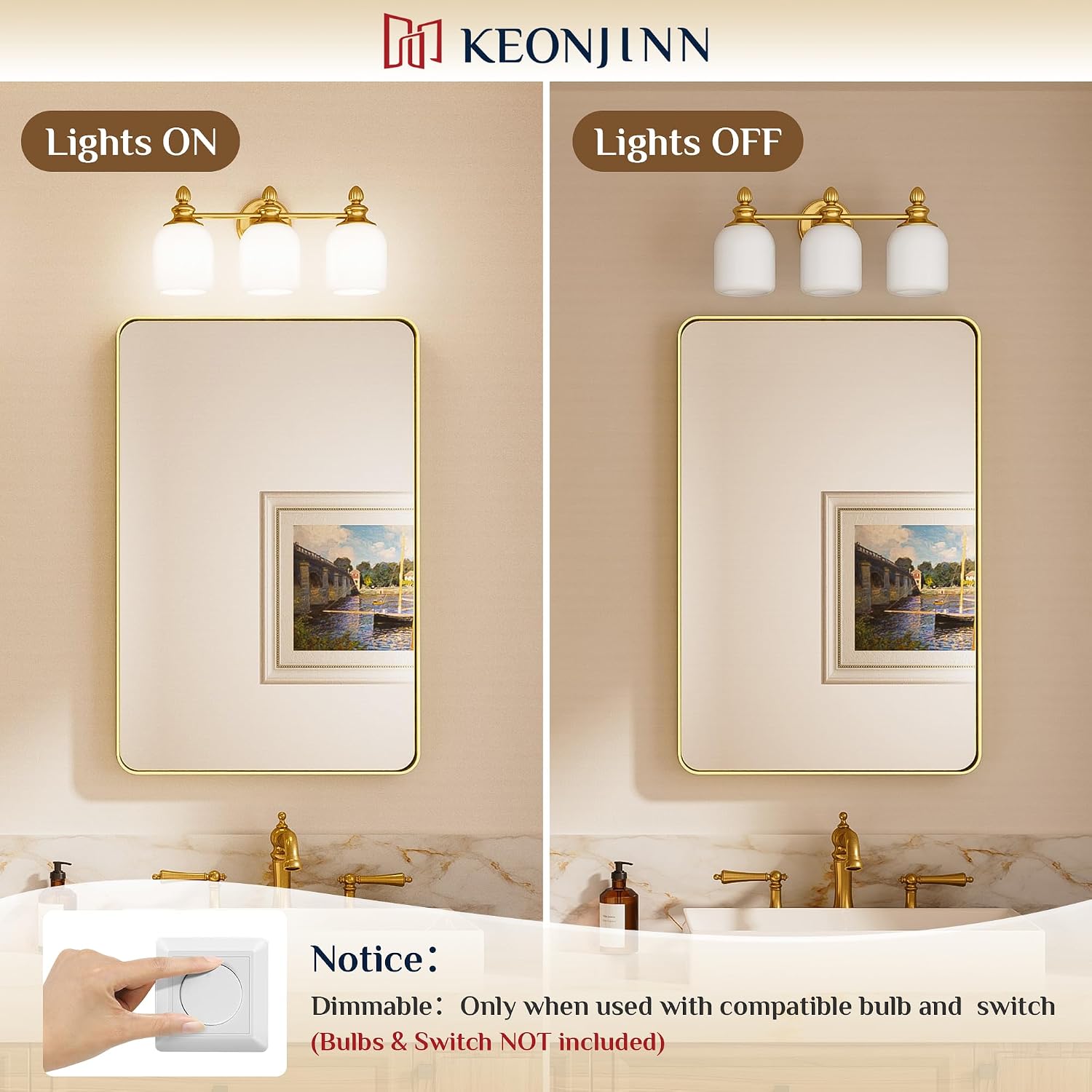 Keonjinn Gold Bathroom Light Fixtures, 4-Light Vintage Vanity Lights for Mirror with Frosted Glass Shades, UL Listed E26 Base(Bulbs Not Included), Reversible Vanity Lighting Fixtures for Bathroom