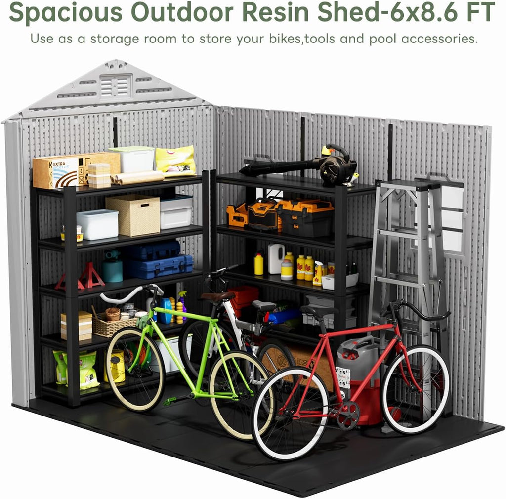 KINYING 6x9 FT Outdoor Storage Shed with Floor,Resin Outdoor Garden Tool Shed with Windows,Lockable Weather Resistant Large Plastic Shed for Bike Storage,Lawn Mower,Pool Supplies