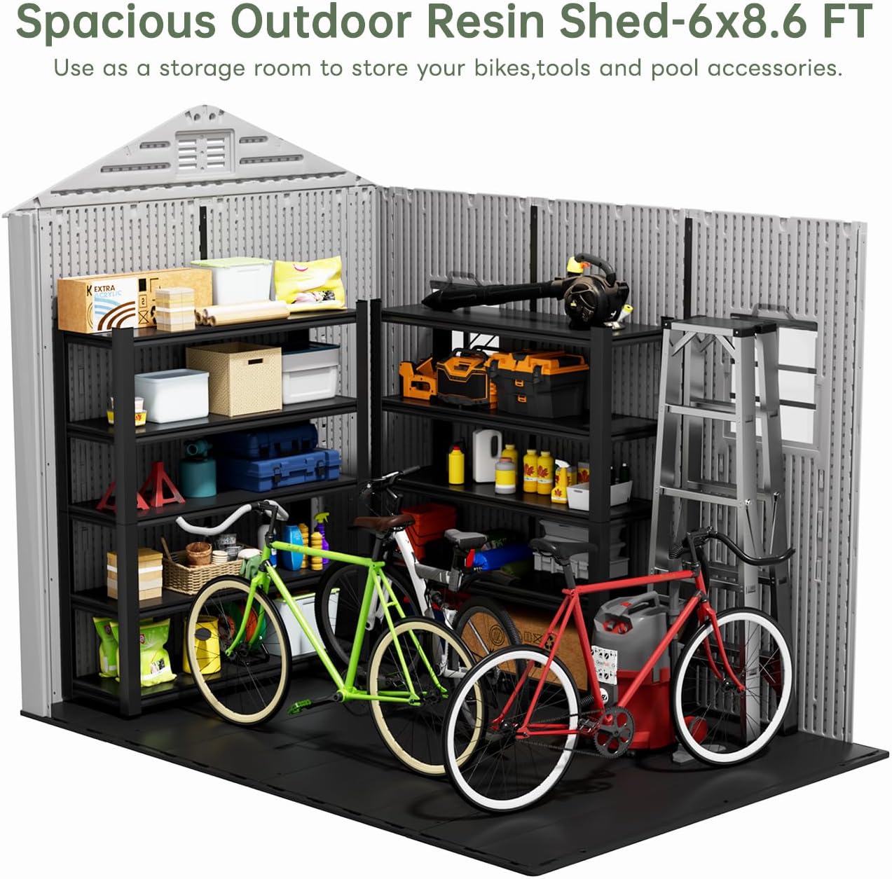 KINYING 6x9 FT Outdoor Storage Shed with Floor,Resin Outdoor Garden Tool Shed with Windows,Lockable Weather Resistant Large Plastic Shed for Bike Storage,Lawn Mower,Pool Supplies