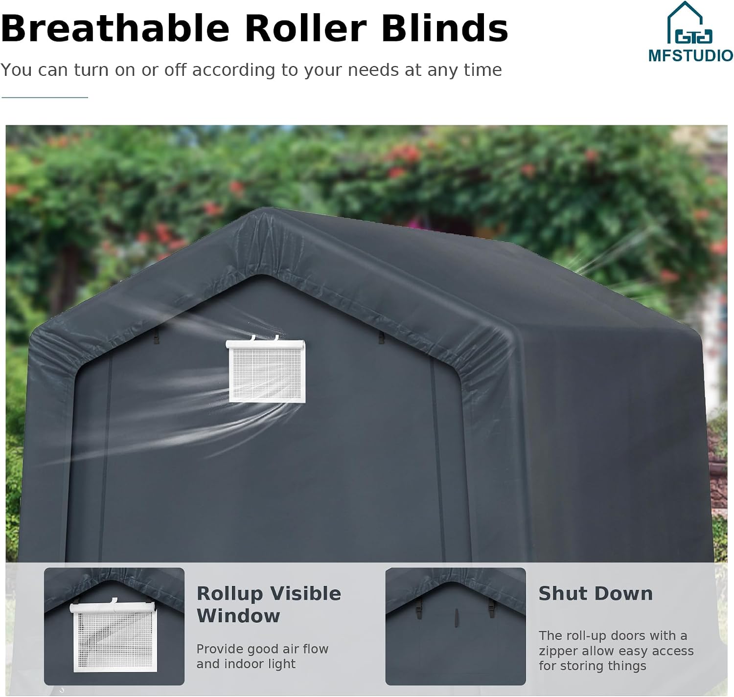 MFSTUDIO Portable Shed Garage, 8x12 Storage Tent Motorcycle Sheds Carport Heavy Duty Canopy with Rolled up Zipper Doors, Outside Utility Shelter Garages Tents for Motorcycles, Bicycles and Tools