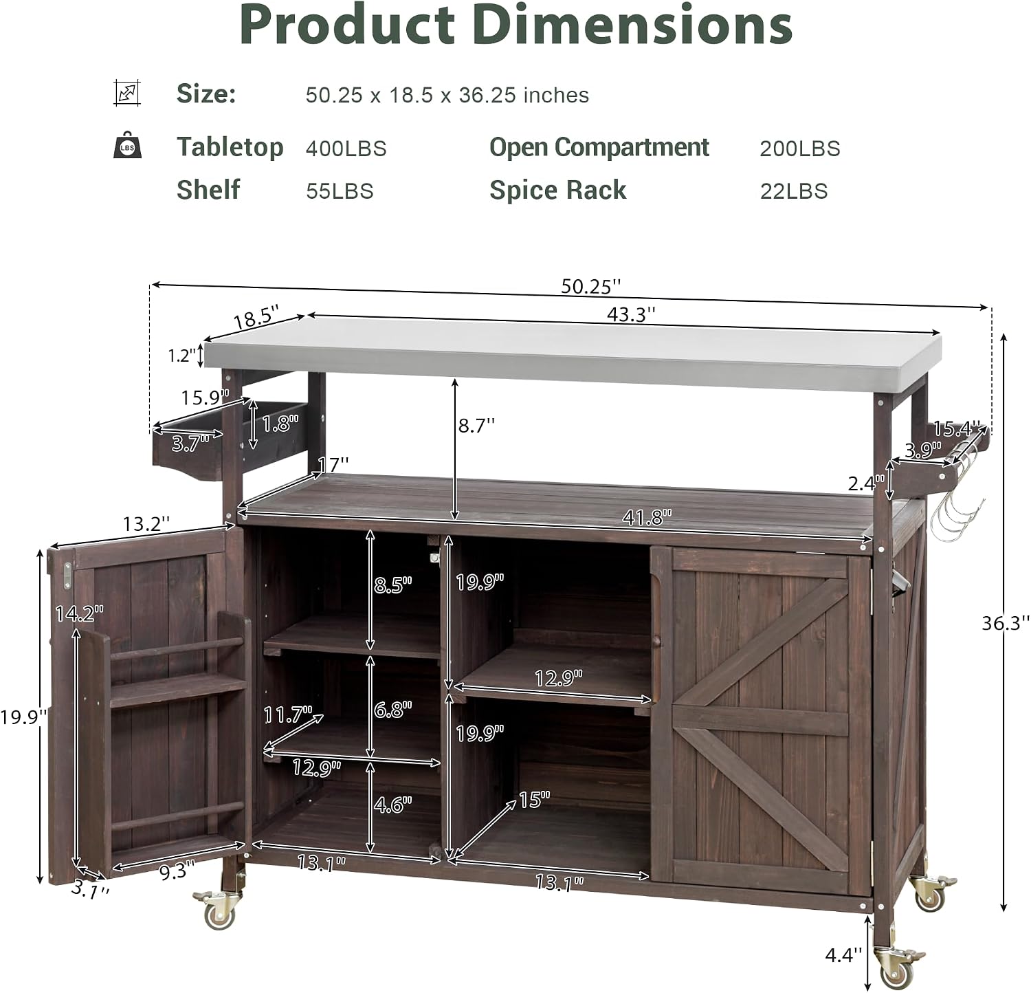 50.25'' Outdoor Kitchen Island, Rolling Bar Cart & Storage Cabinet, Farmhouse Solid Wood Outdoor Grill Table with Stainless Steel Top, Spice Rack, Towel Rack for Kitchen & BBQ,Dark Brown