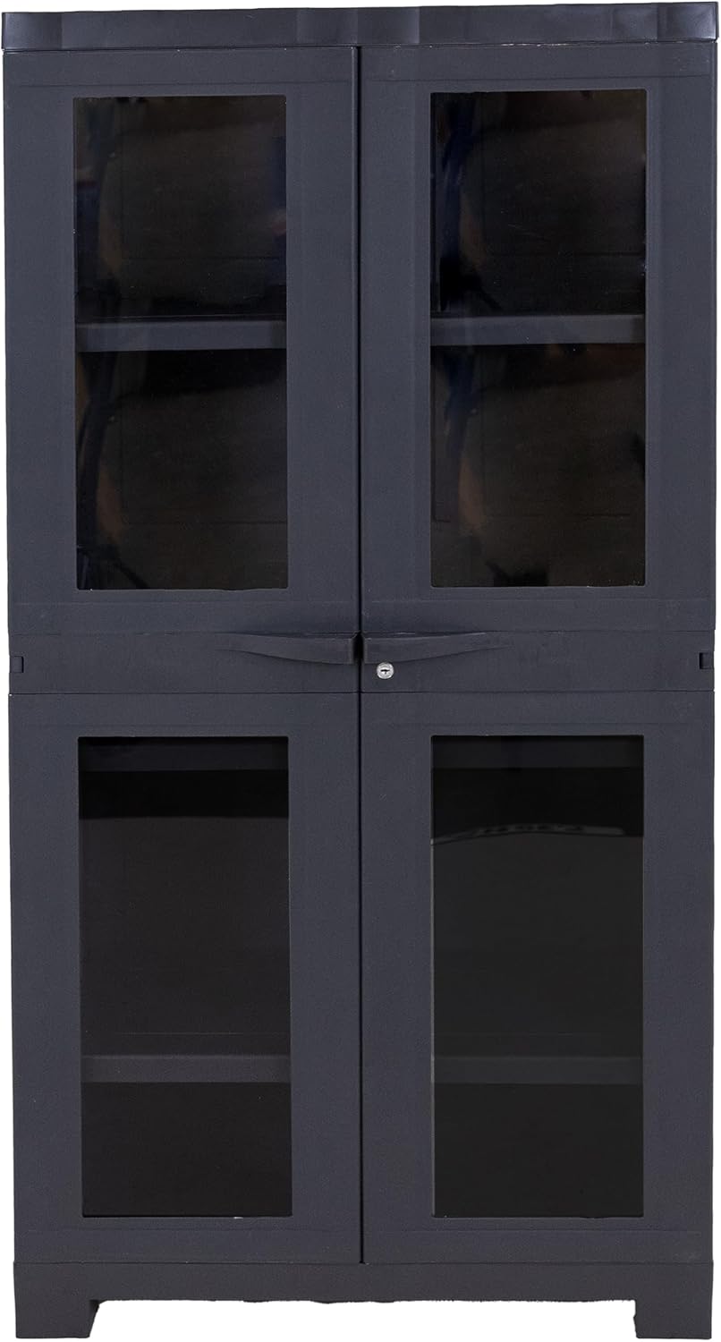 Sunnydaze 48.75' H Resin Garage Storage Cabinet - Garage Cabinet with 4 Acrylic Glass Doors - Freestanding Utility Storage for Laundry Room, Office, Basement - Charcoal
