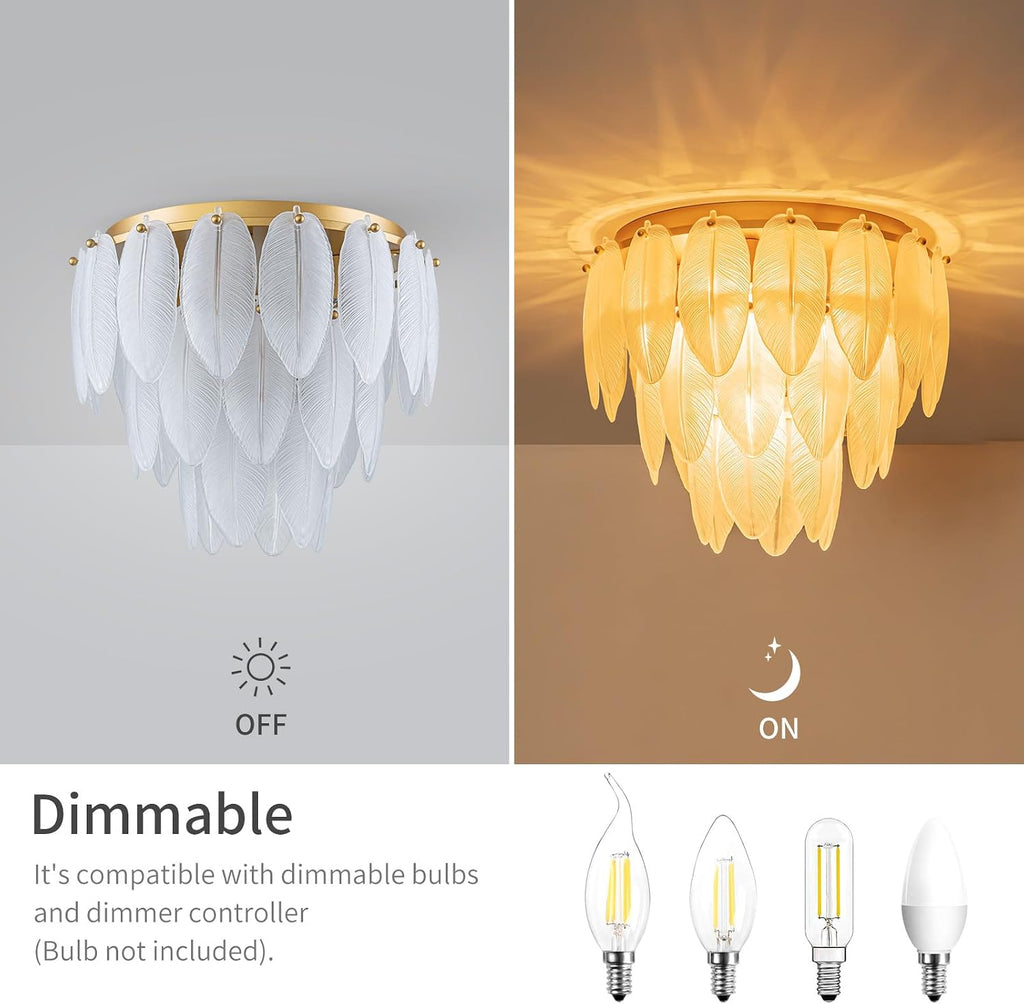 LumFurn D16in Modern Glass Chandeliers, 7-Light Elegant Design Flushmount Ceiling Light Fixture for Dining Room, Living Room & Bedroom, D16xH14inch, Frosted Glass Feather Shade & Gold Finish Frame