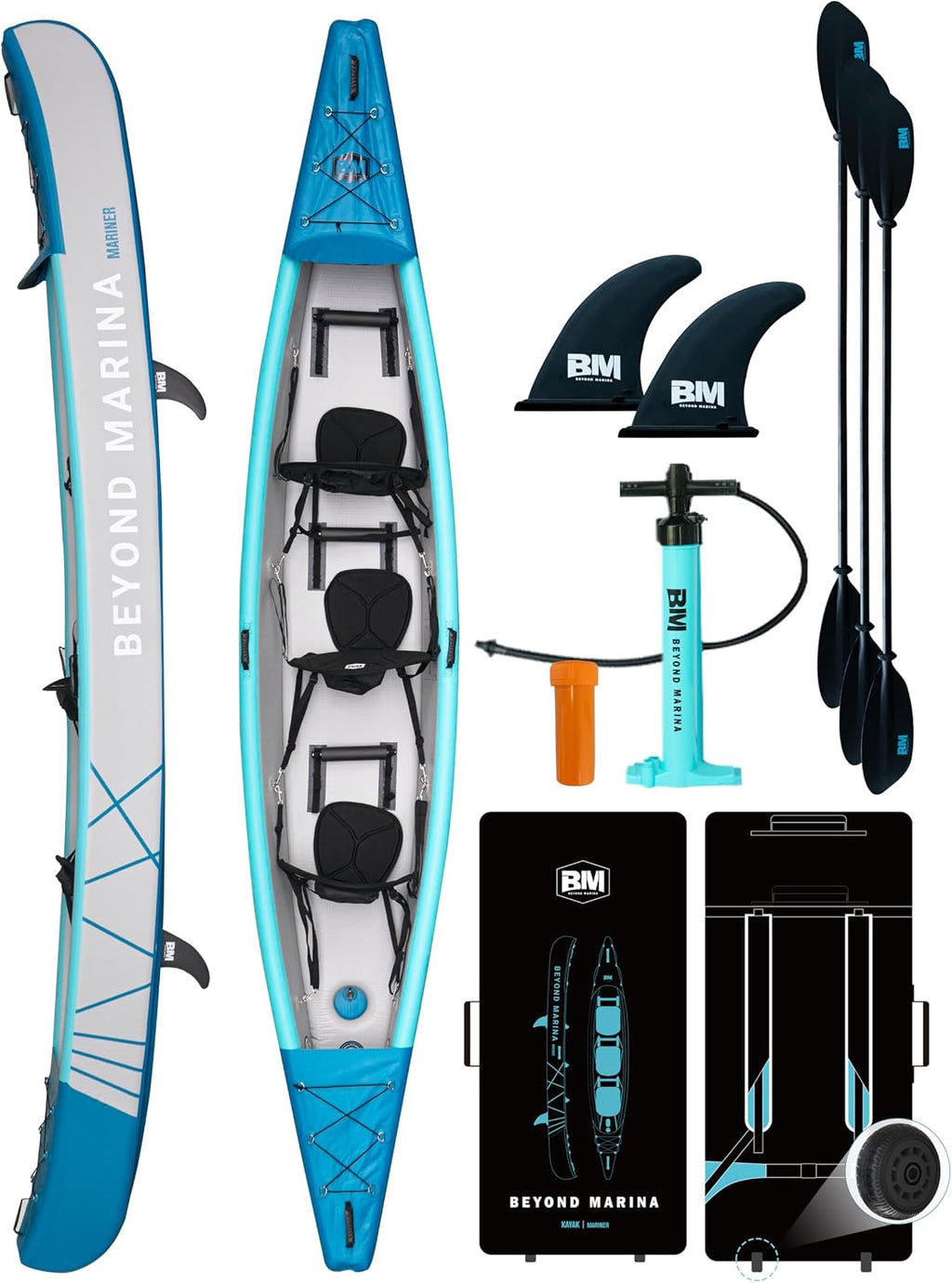BEYOND MARINA Inflatable Kayak 1 & 2 & 3 Person Adult- Full Drop Stitch Kayak with Aluminum Paddles, Seats, Footrests, Pump, Fins