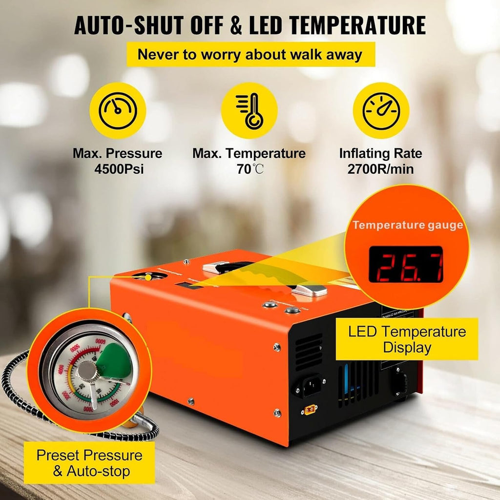 4500 PSI PCP Air Compressor - 12V/110V-240V, High-Pressure Electric Pump for Airgun, Paintball, Diving - Auto-Stop Feature for Safety - 30 MPa Output