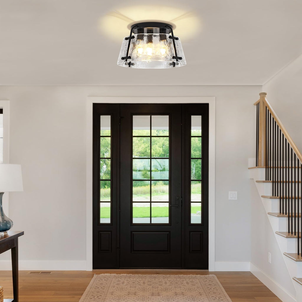 Modern Semi Flush Mount Ceiling Light, 3-Light Black Kitchen Light Fixtures Thick Hammered Glass Close to Ceiling Lights for Hallway Entryway Dining Room Bedroom Bathroom Laundry Room