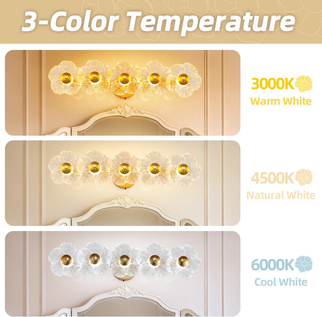 26.7' Gold Bathroom Light Fixtures 5 Light Floral Vanity Lights, 3-Color Dimmable Bathroom Vanity Light Elegant Led Wall Lights Cordless Wall Sconces for Decor,Bathroom,Livingroom