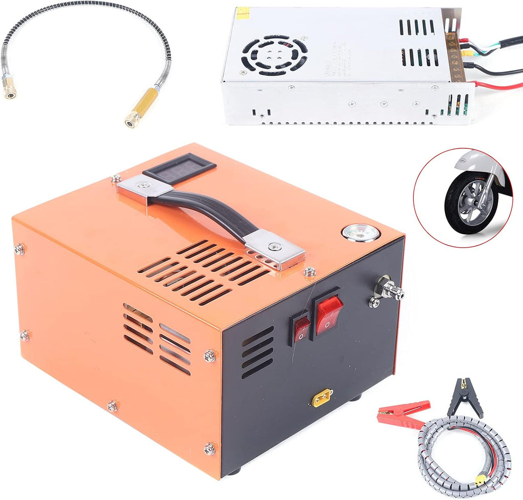 PCP High Pressure Air Compressor, 4500psi 12V PCP Air Compressor Pump Built-in Transformer, Air Pump for Paintball PCP Air Gun,Portable High Pressure Pump Fan Cooling (Orange)