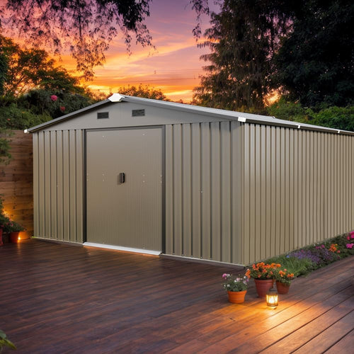 10x12 FT Outdoor Storage Shed with Floor Included and Two Daylight Windows, Large Metal Garden Shed for Backyard Organization (Brown)