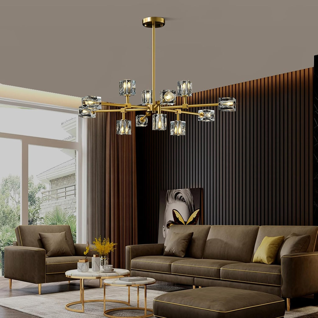 Modern Sputnik Crystal Kitchen Chandelier - Luxury Elegant 12 Light Adjustable Height Pendant Lighting Ceiling Fixture - Gold Brushed Brass Chandeliers for Dining Room Living Room Island Table Bedroom