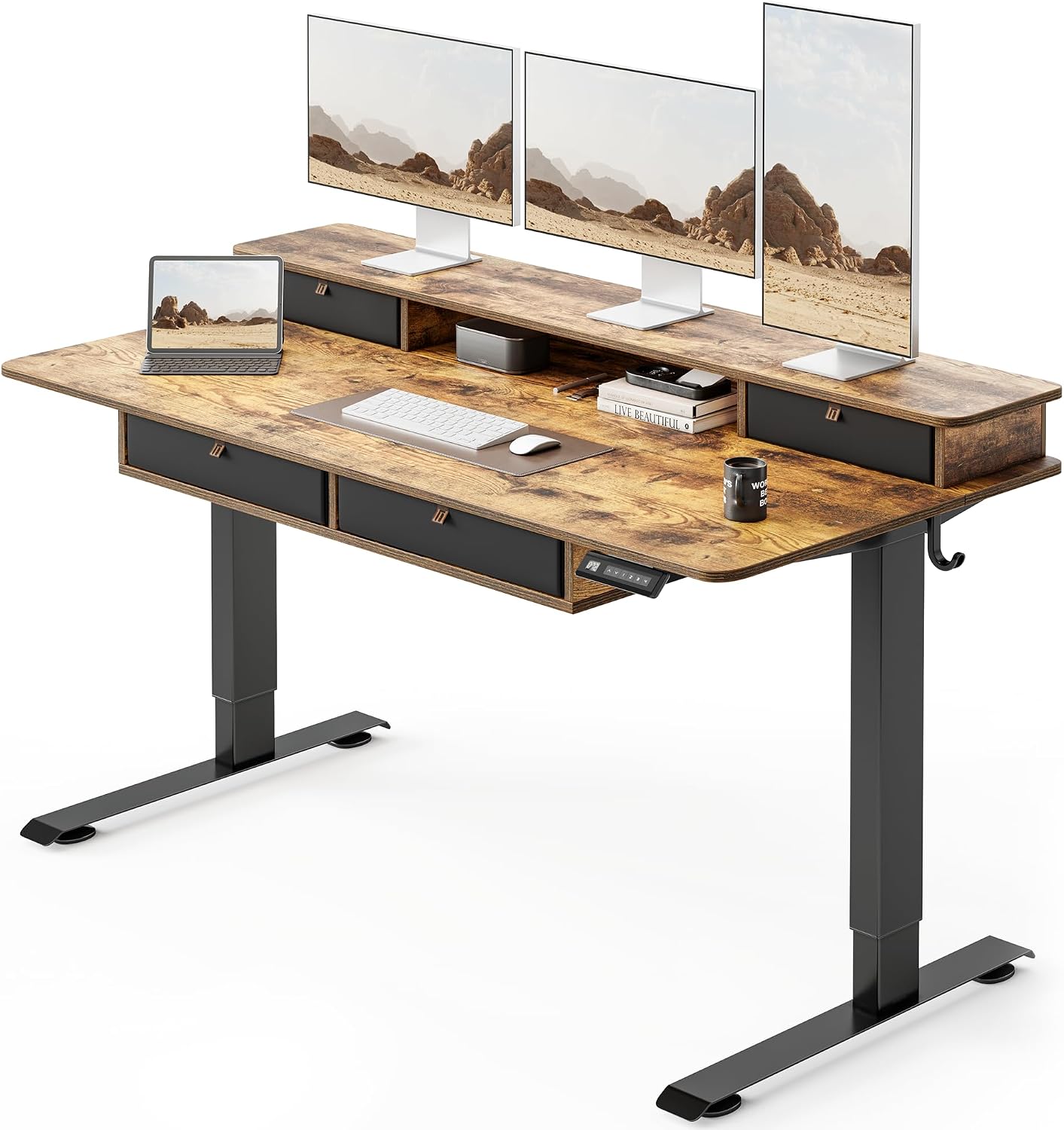 FEZIBO 55 x 30 inch Standing Desk with Drawers, Height Adjustable Electric Workstation, Computer Sit Stand Up Table with Large Storage Shelf 4 Drawers and 2 Hooks, Rustic Brown