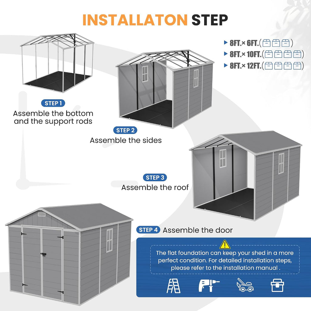 Amopatio 8x10 FT Outdoor Resin Shed,Storage Shed with Floor Included, Plastic Sheds Outdoor Storage for Bike, Garden Tools, Sheds & Outdoor Storage with Lockable Door, Window & Vents, Grey & White