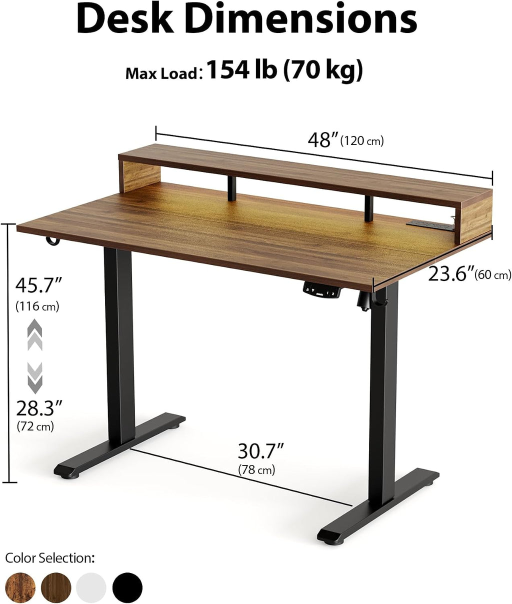 Agilestic 48x24 Inch Electric Standing Desk with Shelf, Height Adjustable Desk with Power Outlets & LED, Sit Stand Up Table with Monitor Stand, Computer Workstation, Dark Walnut